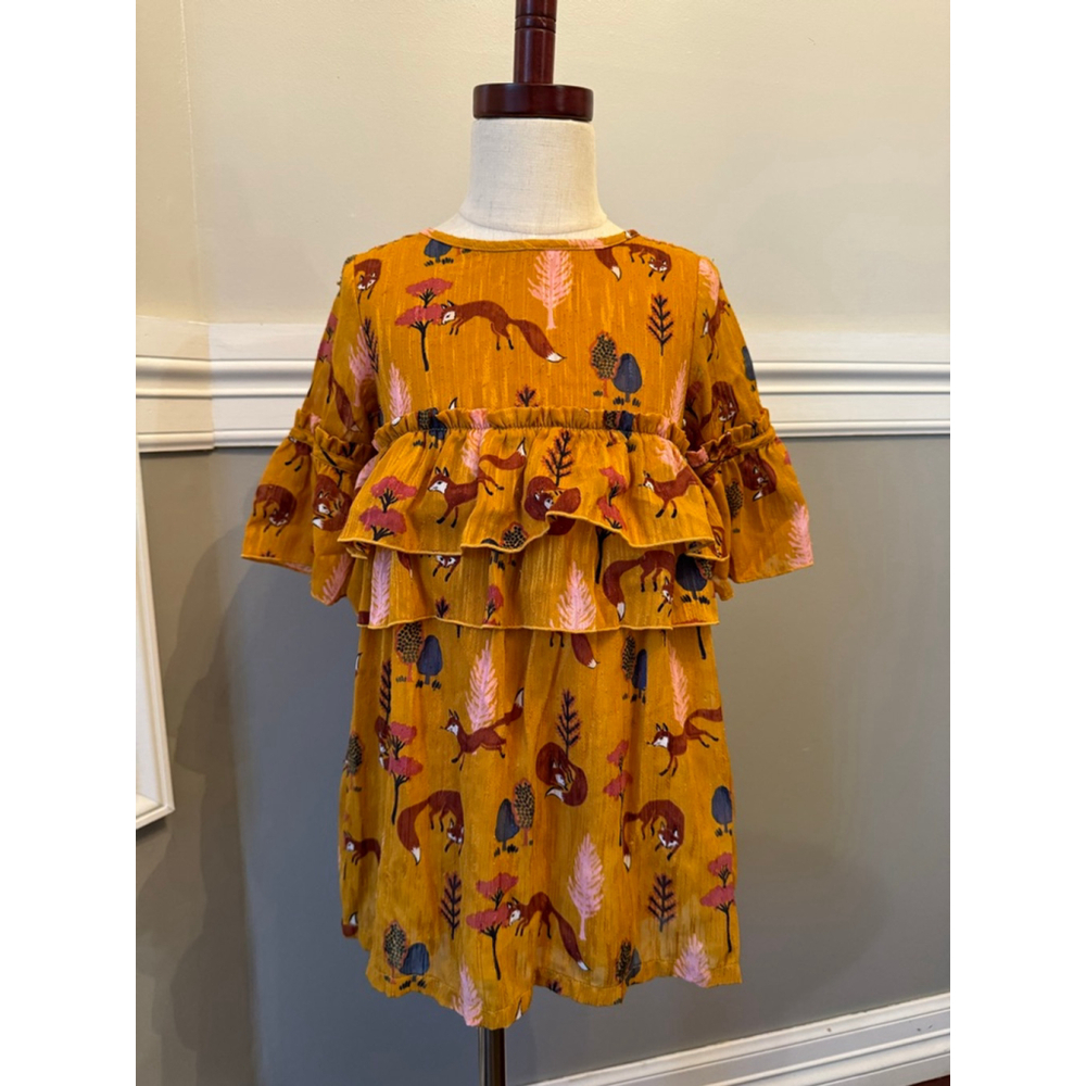 Genuine Kids from Oshkosh | Mustard Yellow Pink Fox Print Ruffle Dress | 4T